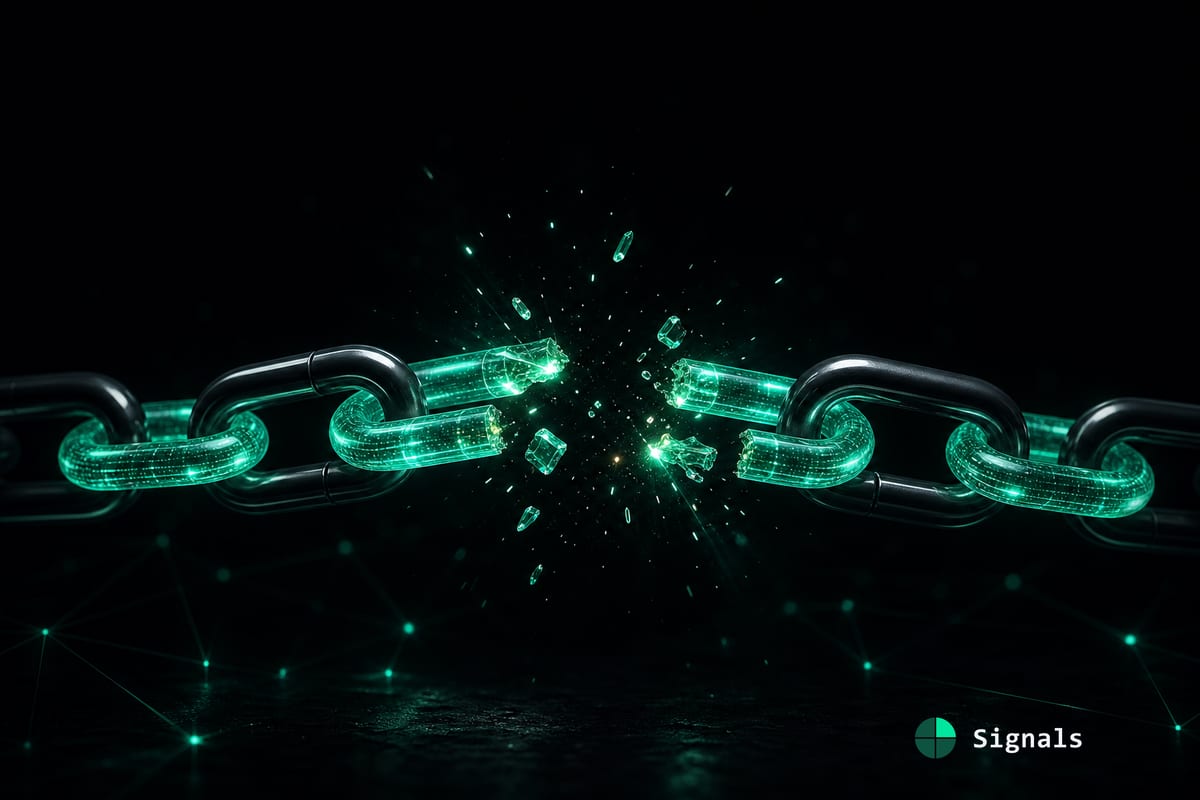A glowing mint-green chain snapping apart in the dark, representing cut-off third-party access to Claude