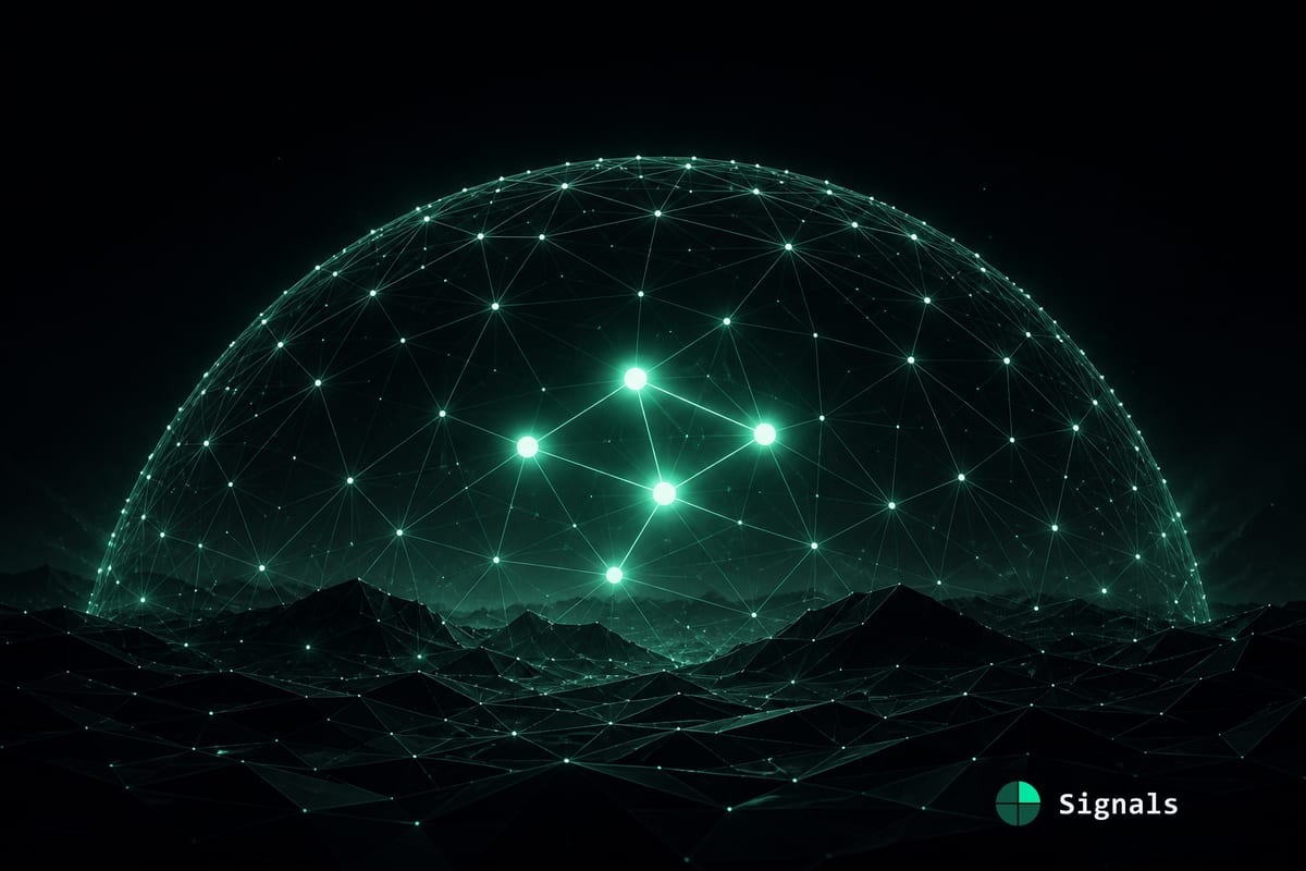 A constellation of connected nodes forming a protective dome over a dark landscape, representing a cyber-defense coalition of organizations