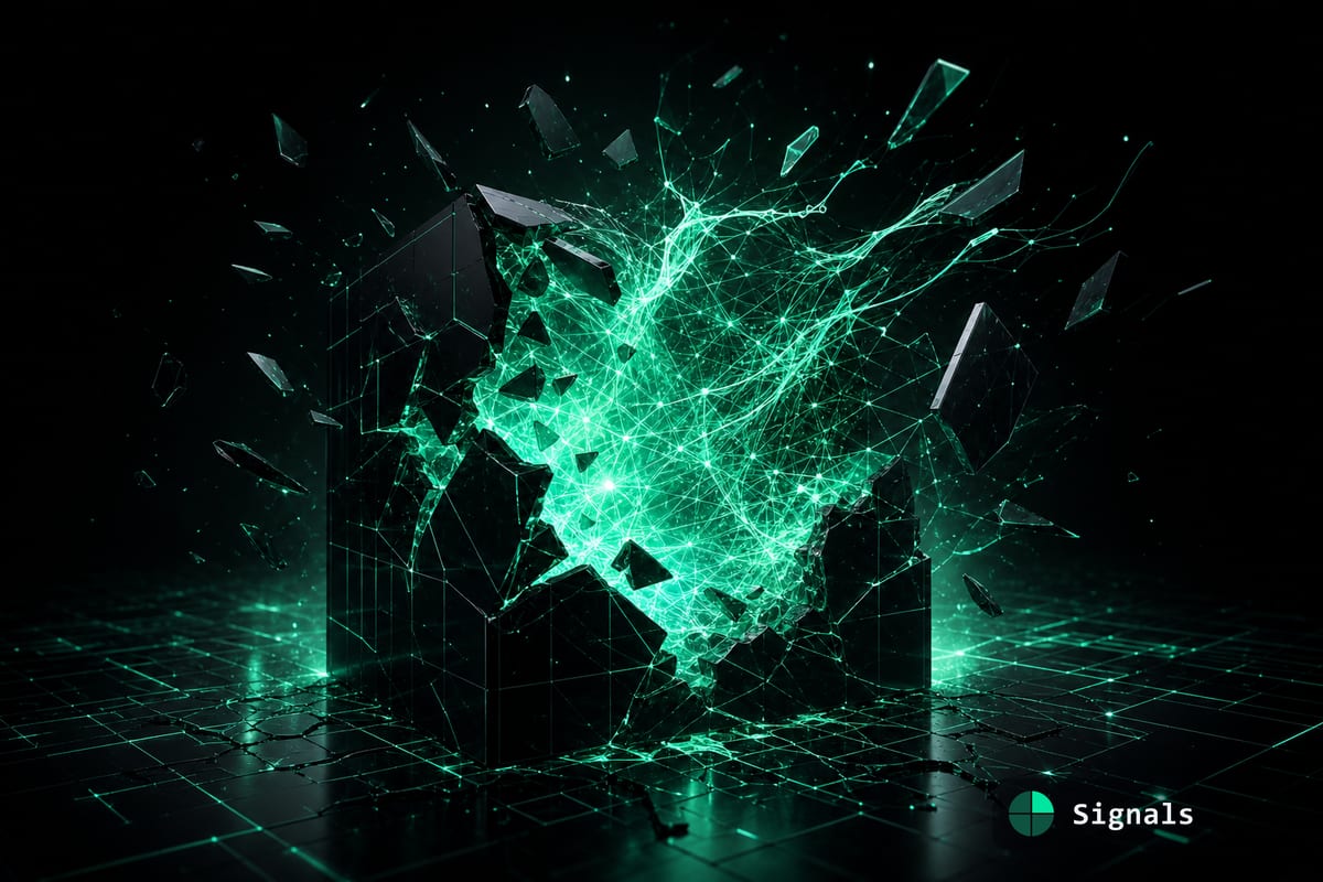 A dark cube shattering as mint-green network energy escapes it, representing Claude Mythos breaking out of its sandbox
