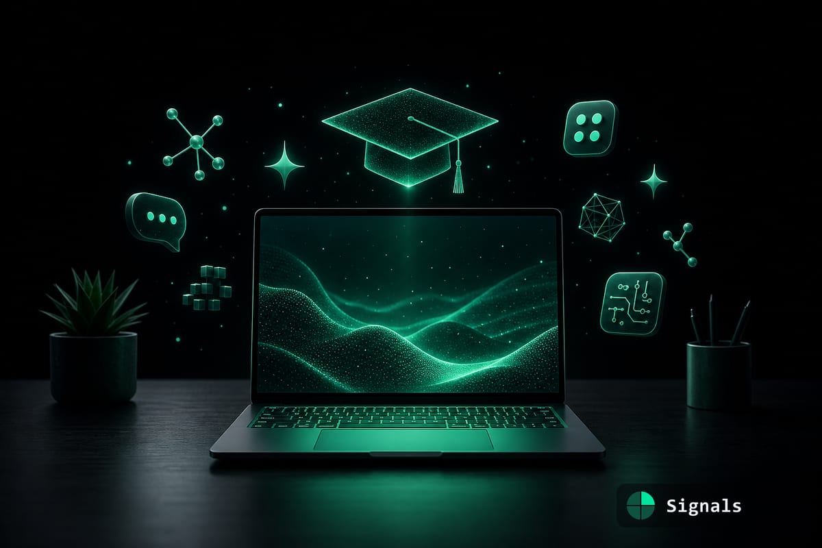 A student laptop glowing mint-green with floating AI tool icons and a graduation-cap motif, representing free AI tools for students