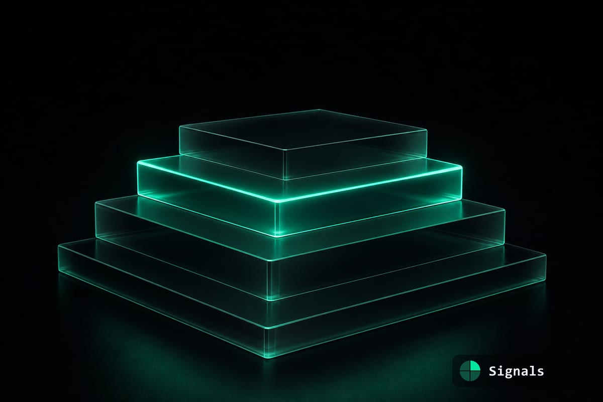 Stacked translucent glowing tiers of increasing height in the dark, representing restructured OpenAI pricing
