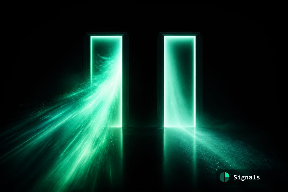 Two glowing mint-green gateways opening at once in the dark, representing two Claude model releases on the same day