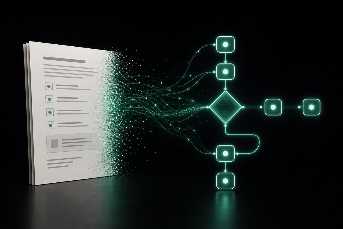 A standard operating procedure document dissolving into a glowing AI agent procedure with connected nodes and a decision point