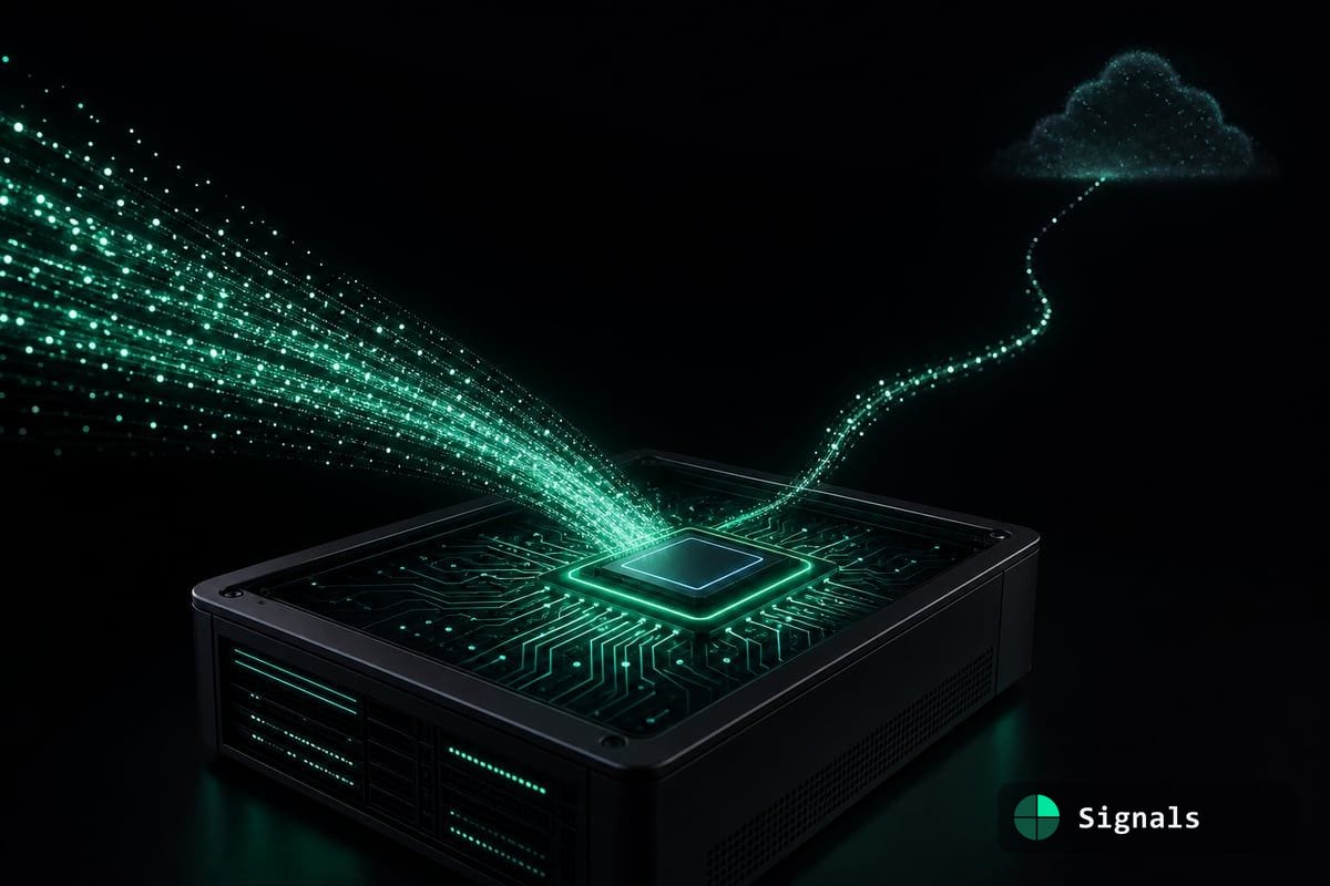 A glowing local AI server pulling in a dense stream of work particles, with one thin stream branching to a faint distant cloud