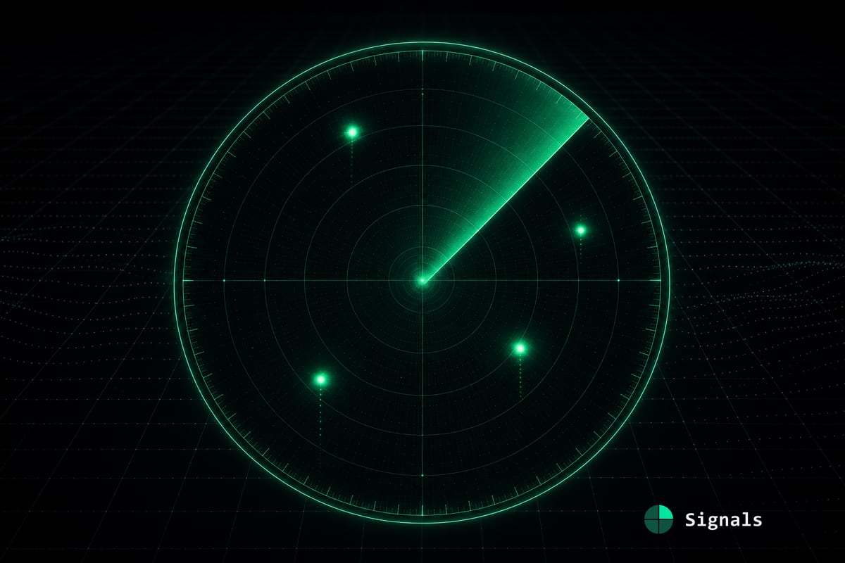 A mint-green radar sweep over a dark grid with a few bright blips, this week in AI