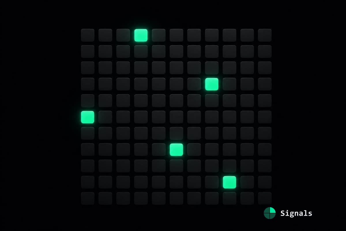 A grid of one hundred nodes, ninety-five dim and five glowing mint