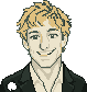 Hyrum Hurst drawn as a pixel-art character: blond hair, a smile, a dark suit.