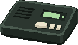 A small desktop assistant device with a green screen, in pixel art.