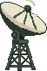 Pixel art of a radar dish on a lattice tower, picking up a new launch.
