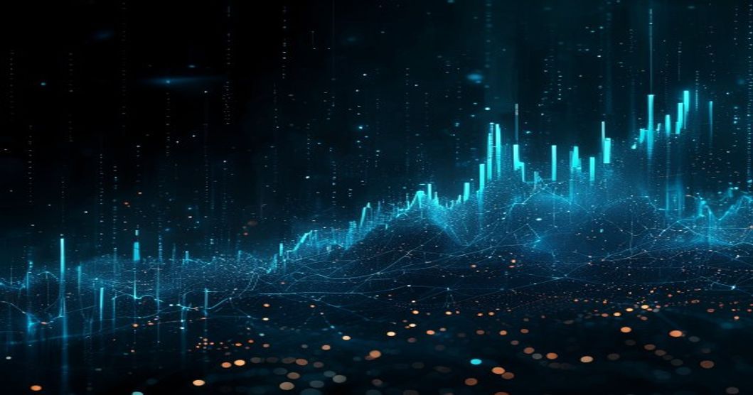 Abstract data visualization showing the gap between AI investment and workforce capability, electric cyan glowing accents on dark navy background