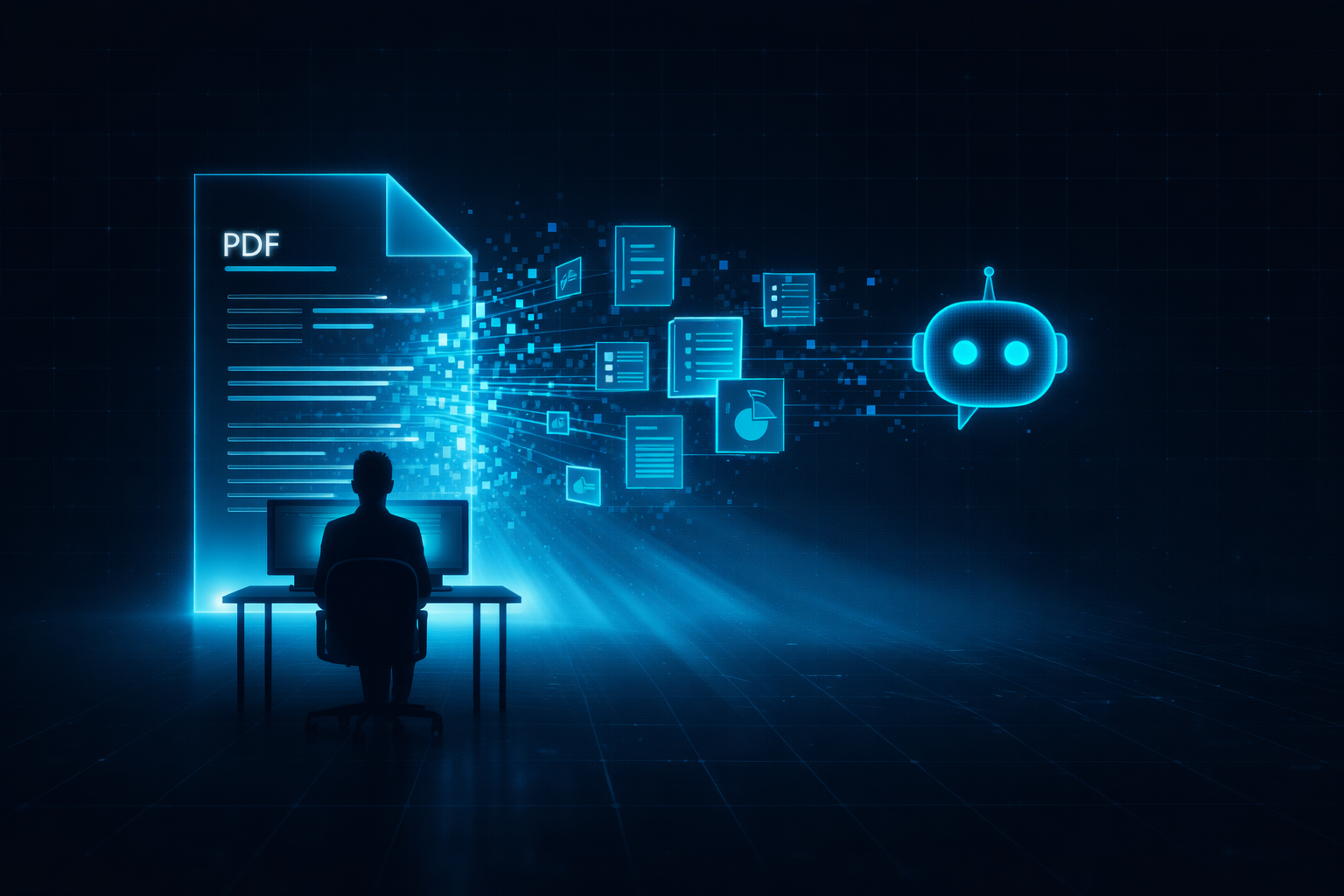New hire silhouetted in front of a dissolving PDF becoming AI training modules