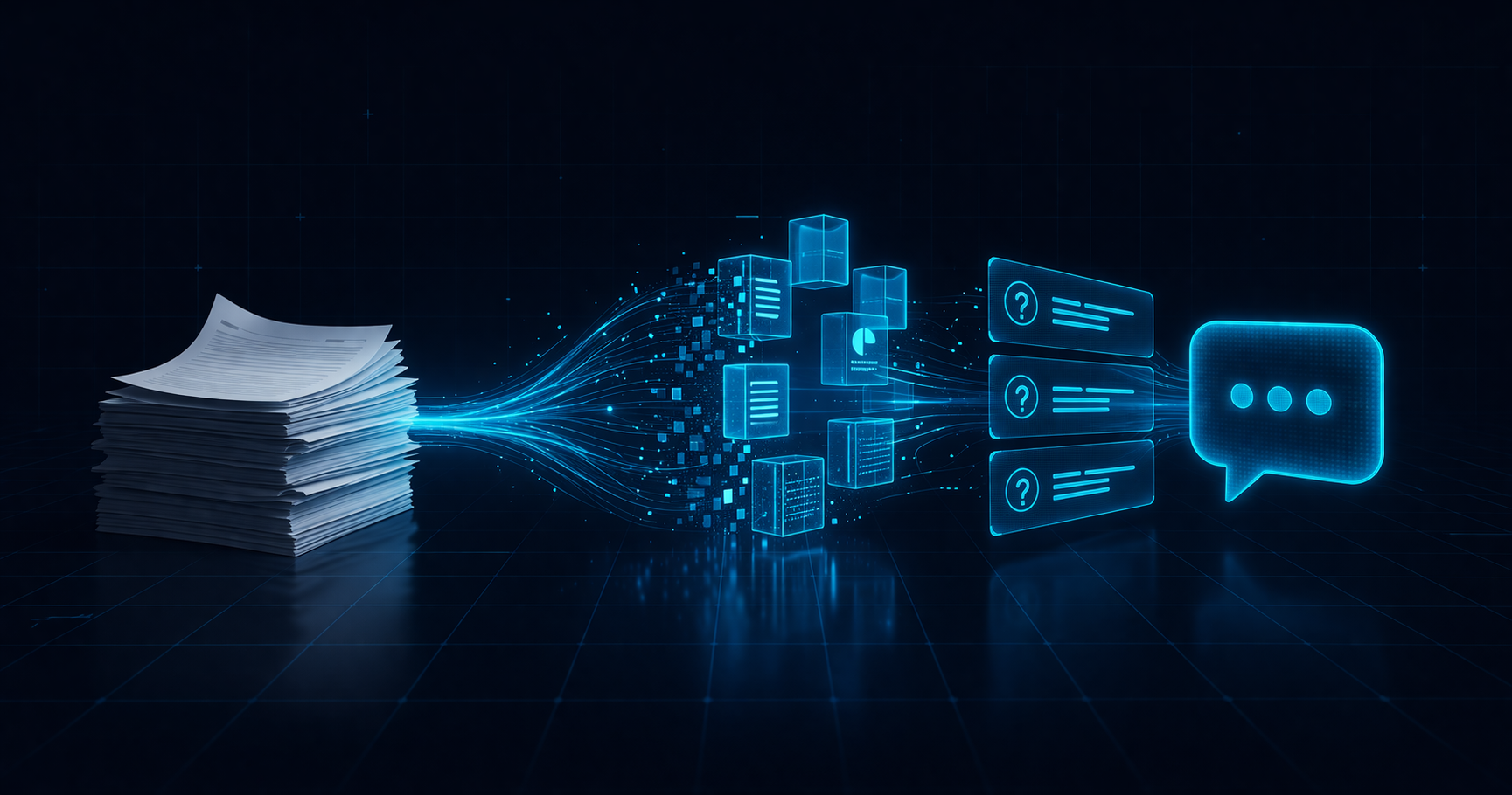 Stack of SOP documents transforming into AI training modules and a chatbot